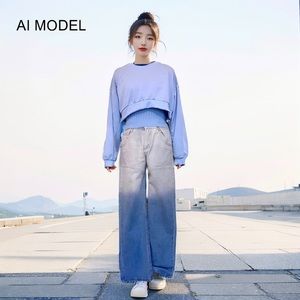 Blue All In One 3 Piece Set Cropped Sweatshirt + Tank Top + Jeans Set